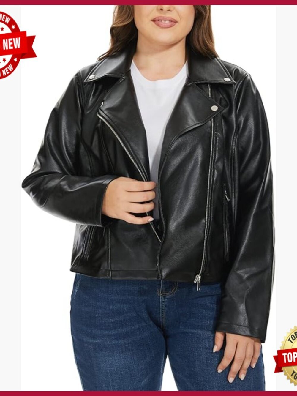 Plus Size Faux Leather Moto Jacket Zip Up Fitted Biker Coat